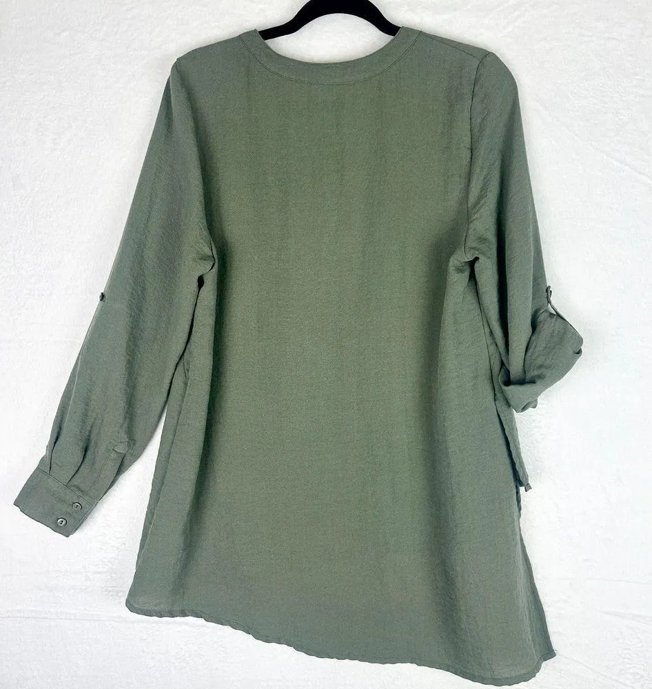 Lulu B Asymmetrical Long Sleeve Tunic Top Size Small Green Roll Tab High Low - Image 2