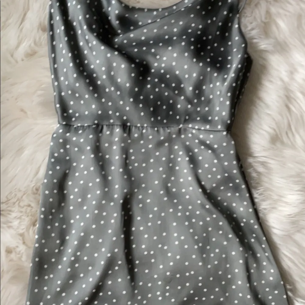 LULU’S SPOT IN MY HEART GREY POLKA DOT SILK COWL NECK MINK DRESS - Image 5