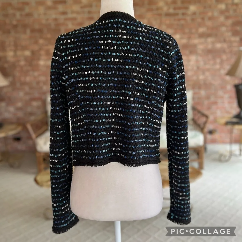 WHBM Jacket Knit Black Tweed Fringe Moto Cropped Open Front S Party Work Chic - Image 9