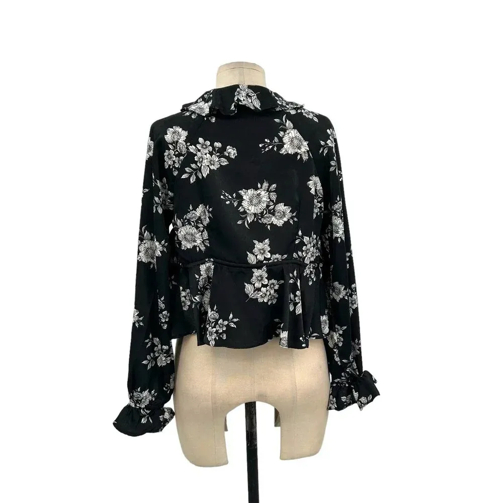 Donna Mizani Kiara Top Black Floral Print Ruffle Saint Blouse Size Medium - Image 4