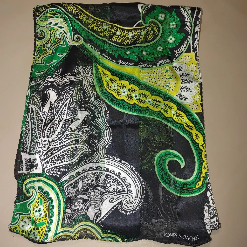 Silk Scarf Jones New York Lightweight Sheer Paisley Green Black White Dry Clean - Image 6