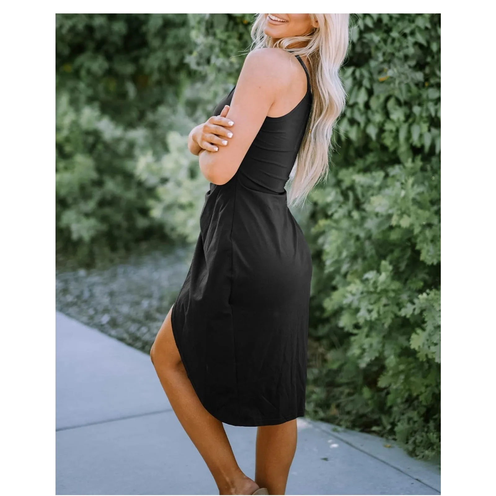 Womens Casual Sleeveless Tank Black Midi Dress Halter Neck Tie Wait Body ConXL Size XL - Image 14