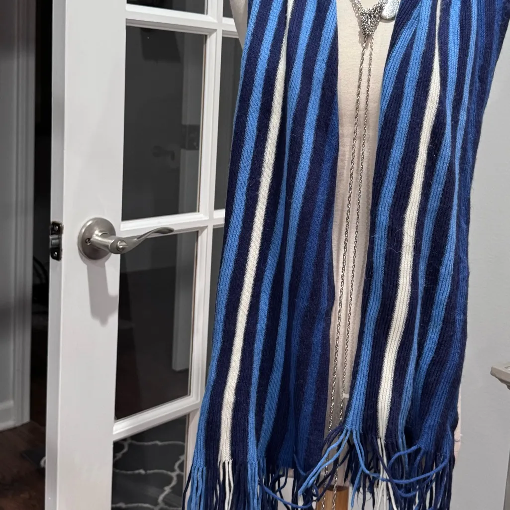 Striped Blue and White Scarf with Fringe - Image 2