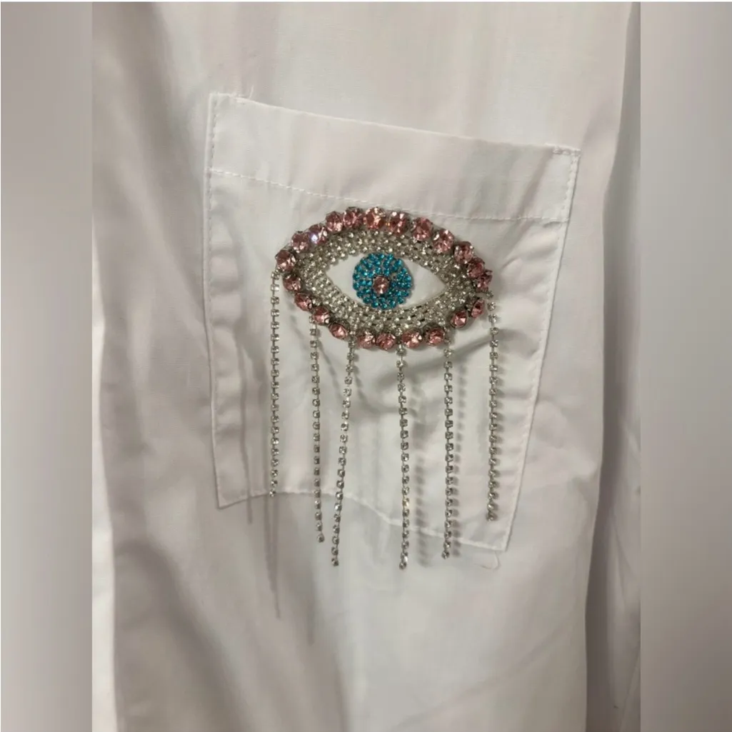 Evil eye 🧿 button down shirt NWT White Size M - Image 3