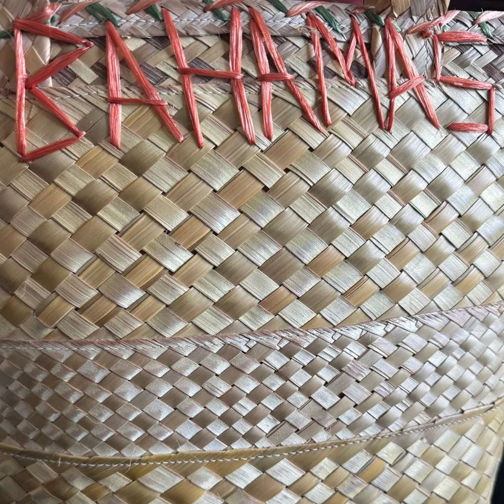 Hand‑woven Straw Floral Tote with “Bahamas” Stitching — Beach Chic 13″ Straw Bag Tan - Image 6