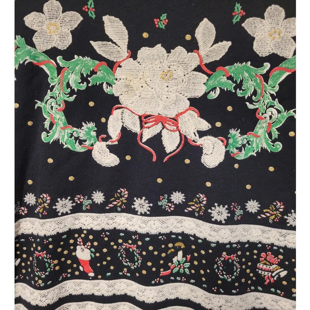 Vintage 90's Chirstmas Holiday Sweatshirt Poinsettia Wreath Stockings Women's 1X Black - Image 2