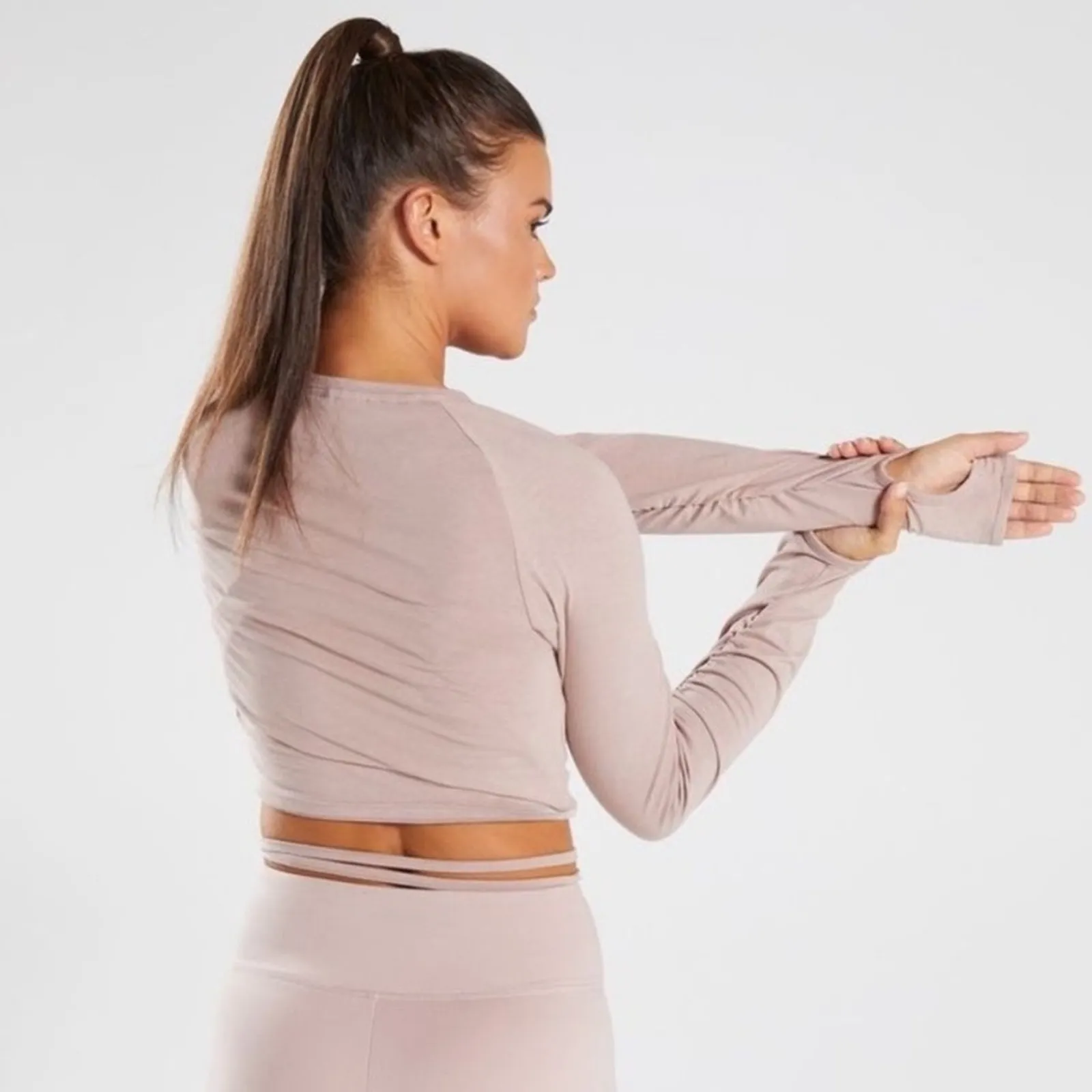 Gymshark Pink Beige Cropped Ruched Tie Up Ribbon‎ Long Sleeve Top Size M - Image 2