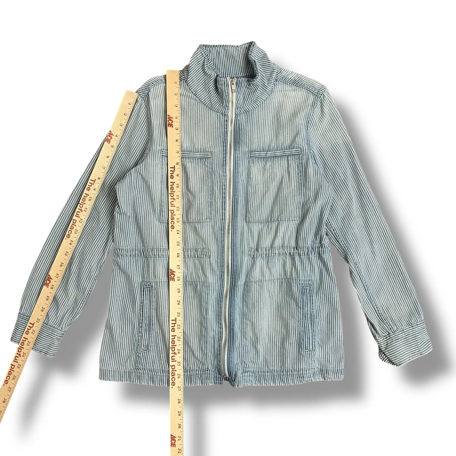 GAP‎ Blue White Railroad Stripe Utility Jacket L Zip Front Waist Chore Coat - Image 4