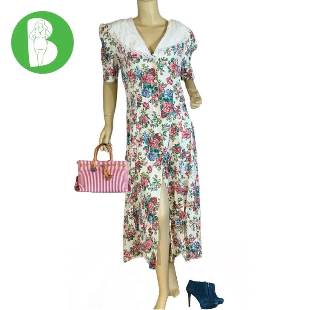 VINTAGE 1990'S MS CHOICE WHITE W/PINK & BLUE FLORAL PRINT BUTTON DOWN DRESS (12) - Image 2