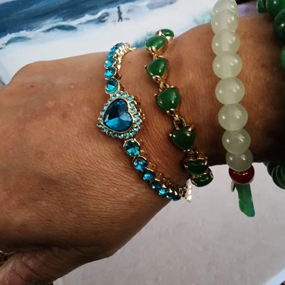 Gold Heart Bracelet with Turquoise Crystal Stones and Heart Charms Blue - Image 8