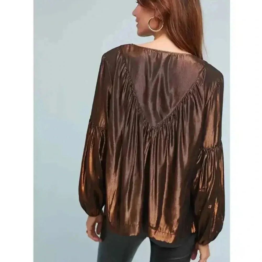 NWT Anthropologie Amadi Merry Metallic Lure Bronze Party Cocktail Blouse - Image 3
