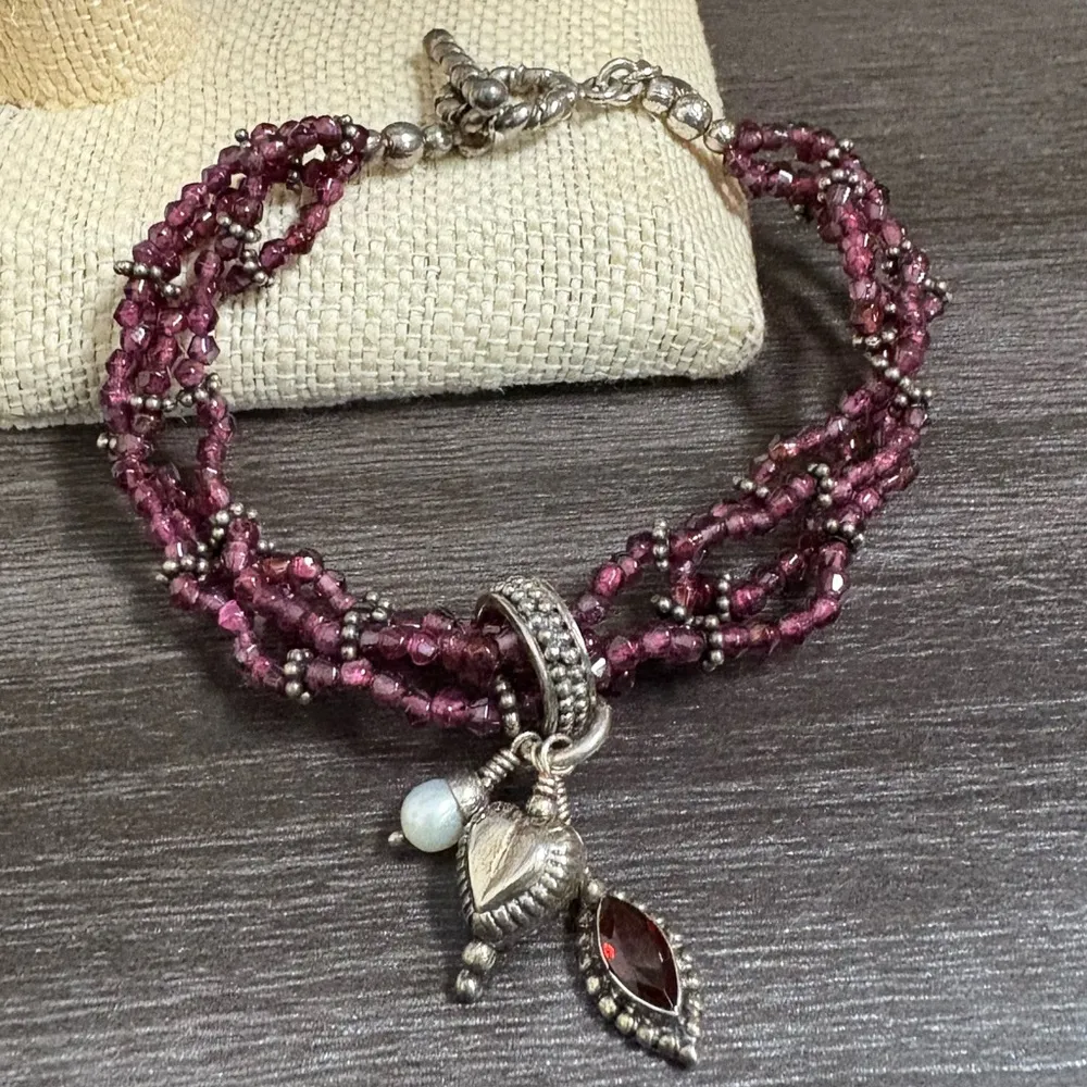Doug Paulus 925 Sterling Silver Four Strand Garnet Bead Dangling Pearl Bracelet Red - Image 2