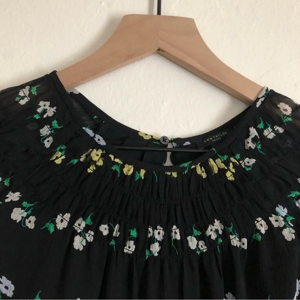 Ann Taylor Black Floral Short Bell Sleeves Lightweight Flowy Mini Swing Dress - Image 5