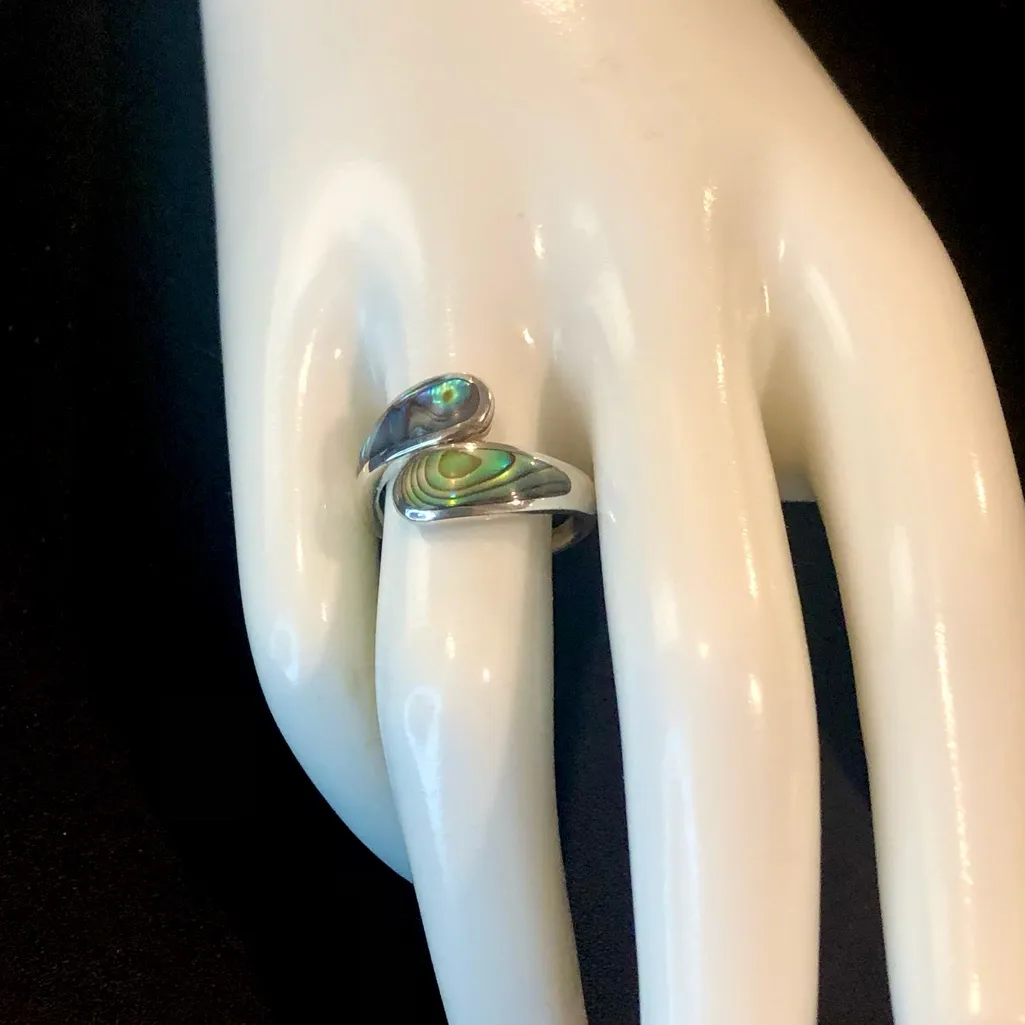 Sterling Silver Abalone Bypass Ring Size 7 - Image 3