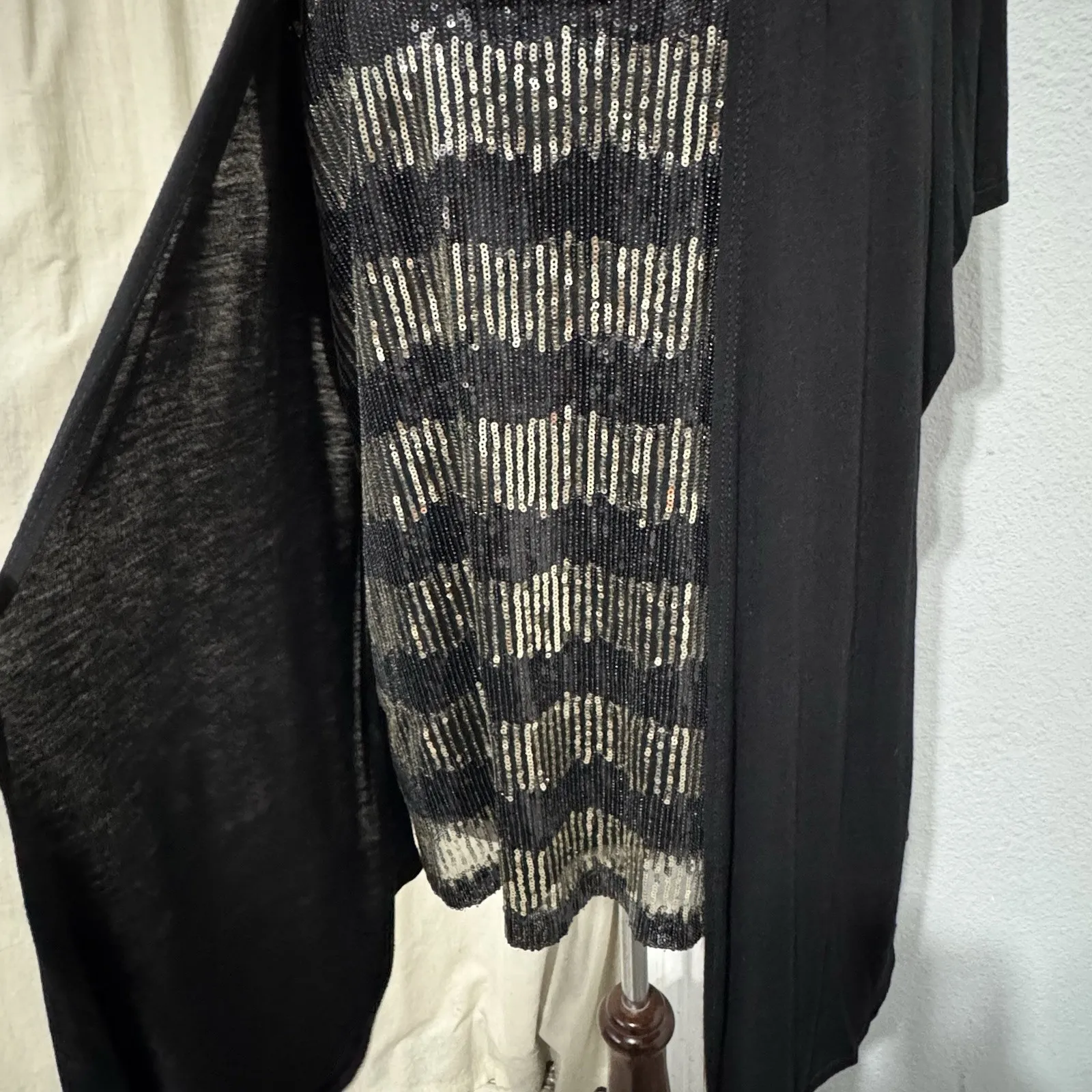 LAVISH Women Black Short Sleeve Open-Front Cardigan Silver Sequined Inner Top XL - Image 3