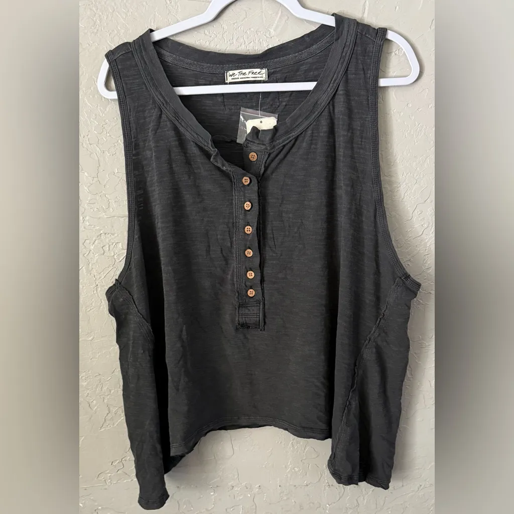 We The Free People Josie Henley Tank Top Womens M Black Boho Relaxed Oversized - Image 2