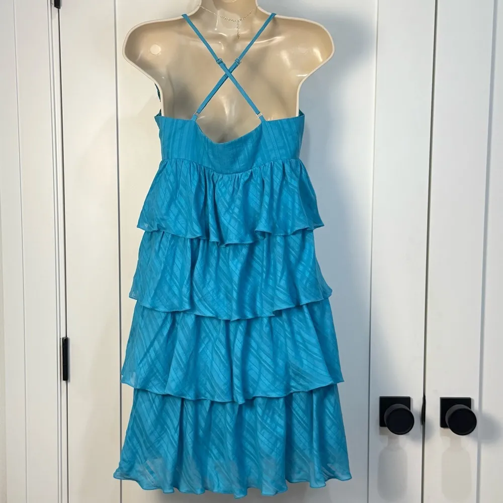 Trina Turk Ruffle Mini Dress Tiered V Neck Blue Size 4 Party Y2K Vintage Mermaid - Image 3