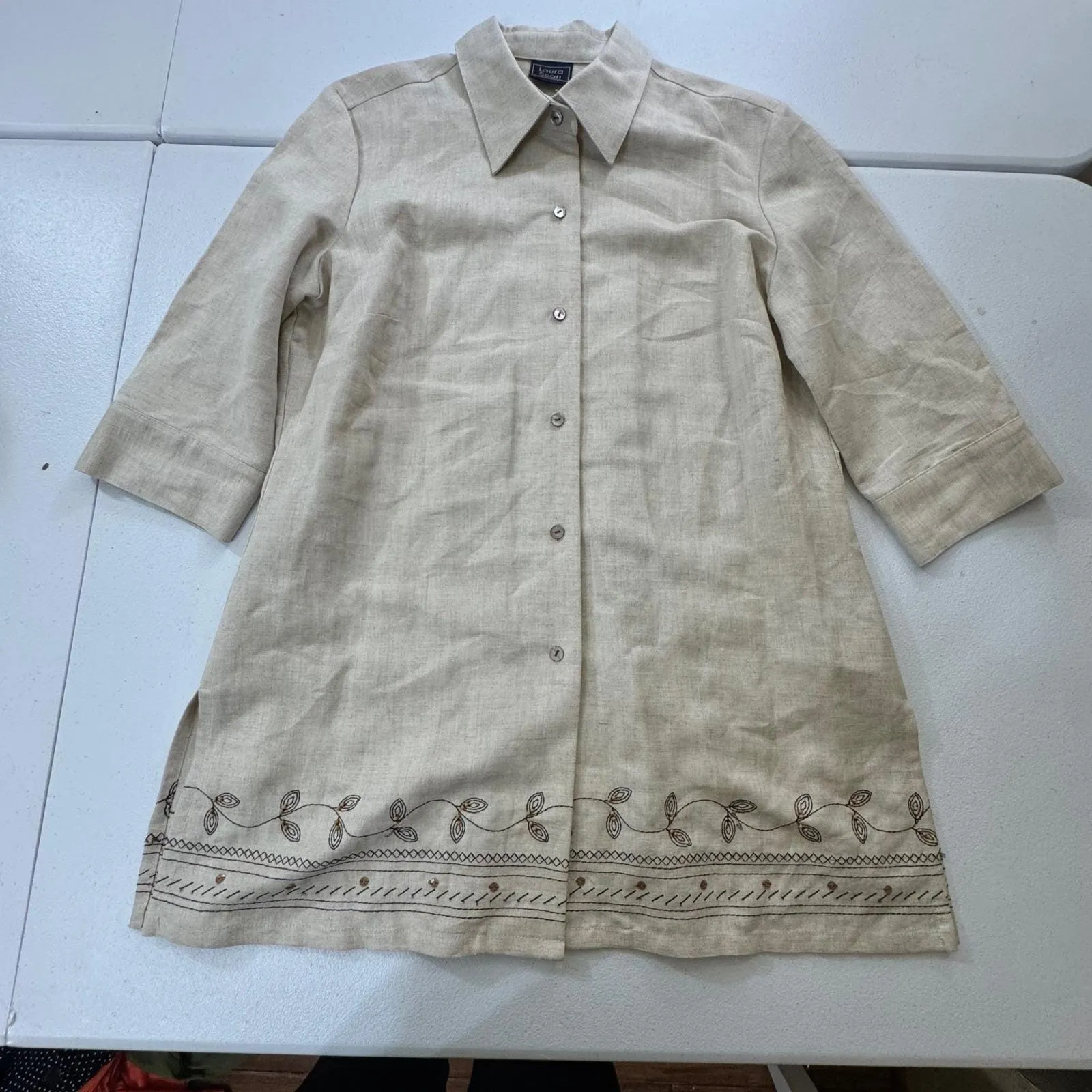 Laura Scott Linen Blend Button Down Shirt Midi Skirt Set Beige Embroidered Sz 12 - Image 5