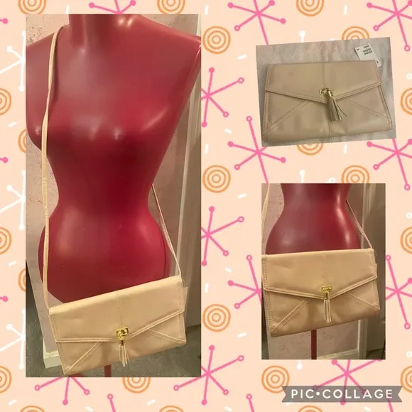 faux patten leather clutch bag with fringe tassel (light pink/nude) - Image 2