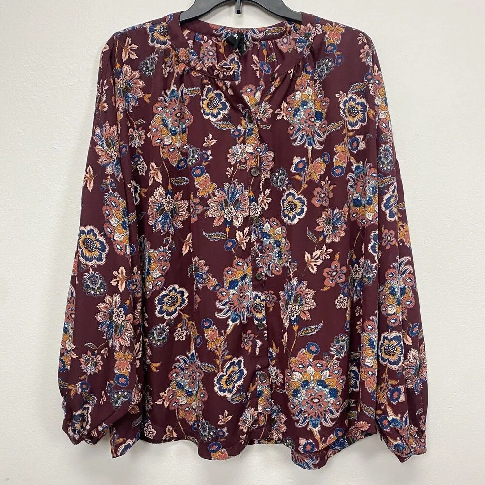 AGNES & DORA Top XL Button Down Peasant Floral Long Casual V-Neck Maroon - Image 2
