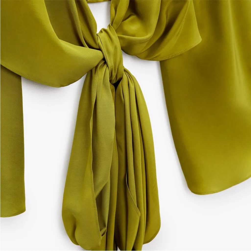 NWT Zara Lime Green Satin Silk Wrap Blouse XS - Image 4