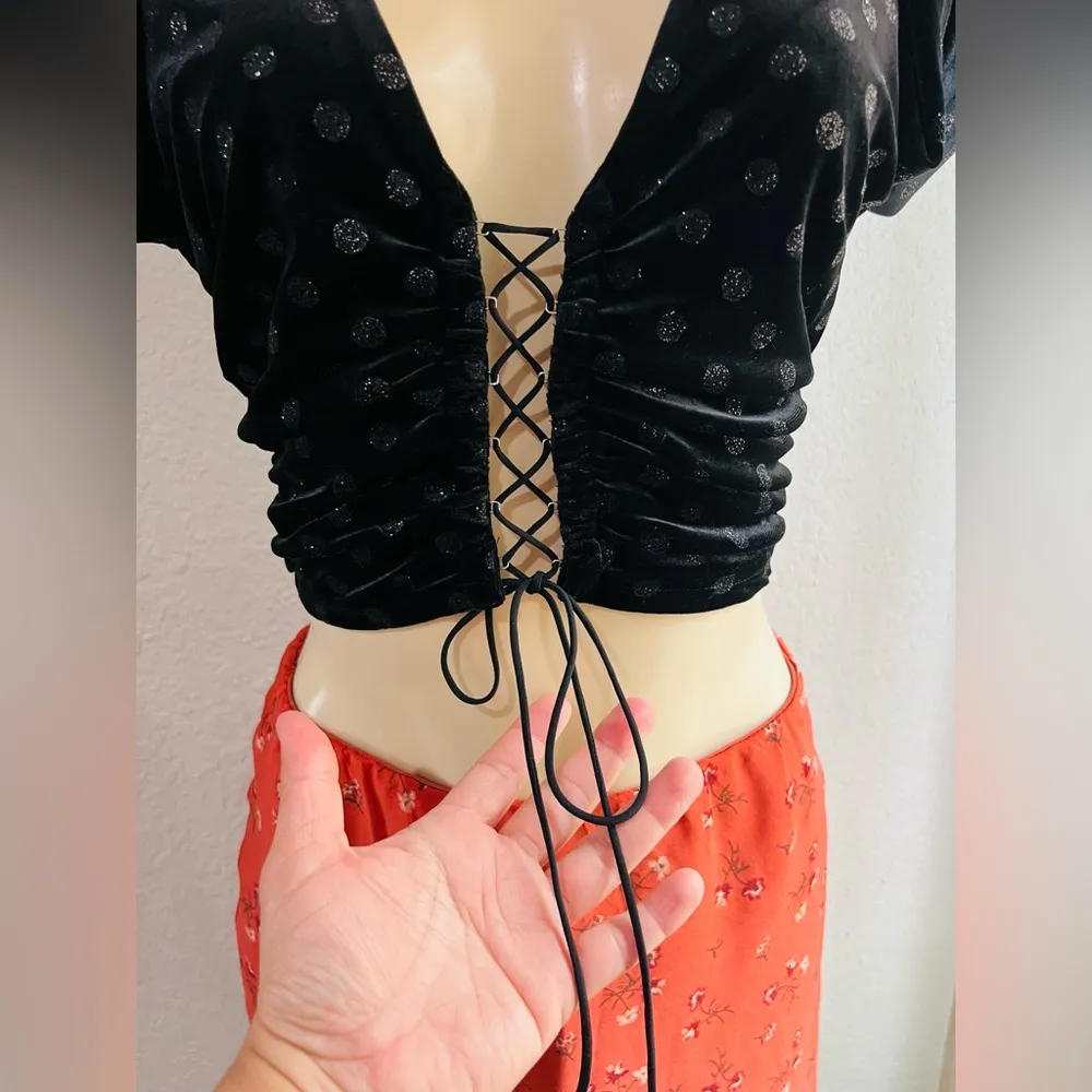 For Love & Lemons Black Velvet Polka Dot Blouse Size S - Image 10