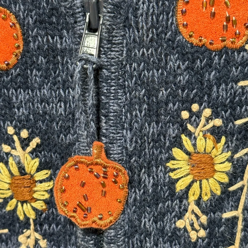 White Stag Zip Front Sweater Vest Scarecrow Embroidered Pumpkins Fall size large - Image 3