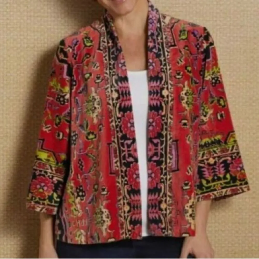 SOFT SURROUNDINGS Velvet Open Front Floral Print Kimono Jacket Red Black Small - Image 1