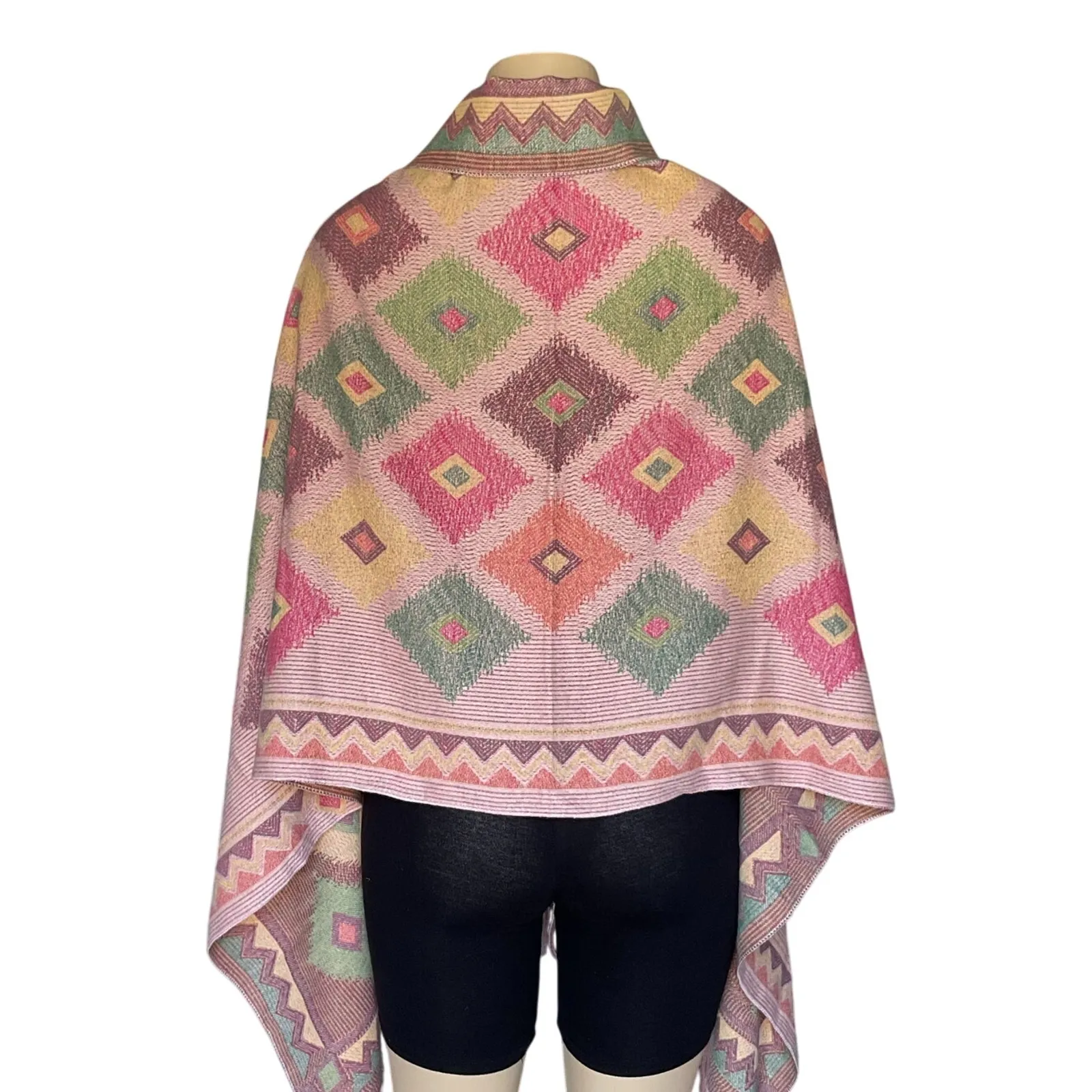 Mexican Artisan Reversible Woven Poncho Pink Multicolor Festival Boho Wrap Chic - Image 3