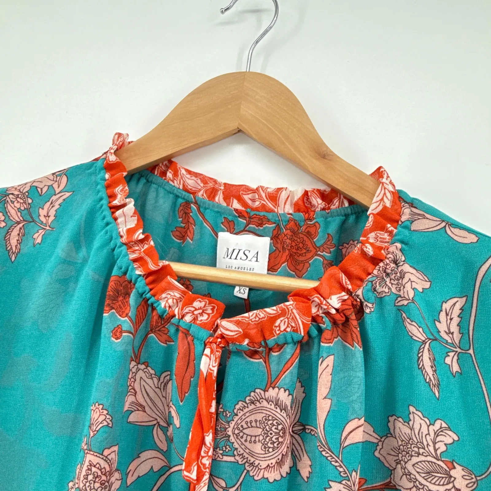 Misa Los Angeles Revolve Siena Teal Floral Print Tie Neck Peasant Blouse XS - Image 6