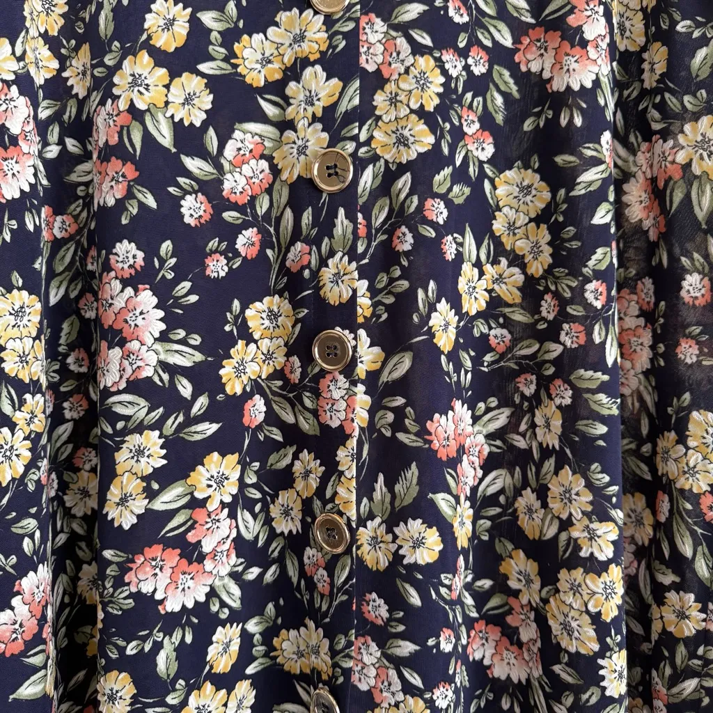 Vintage Inspired Navy Blue Floral Print Bohemian A Line Midi Flowy Casual Skirt Black Size L - Image 7