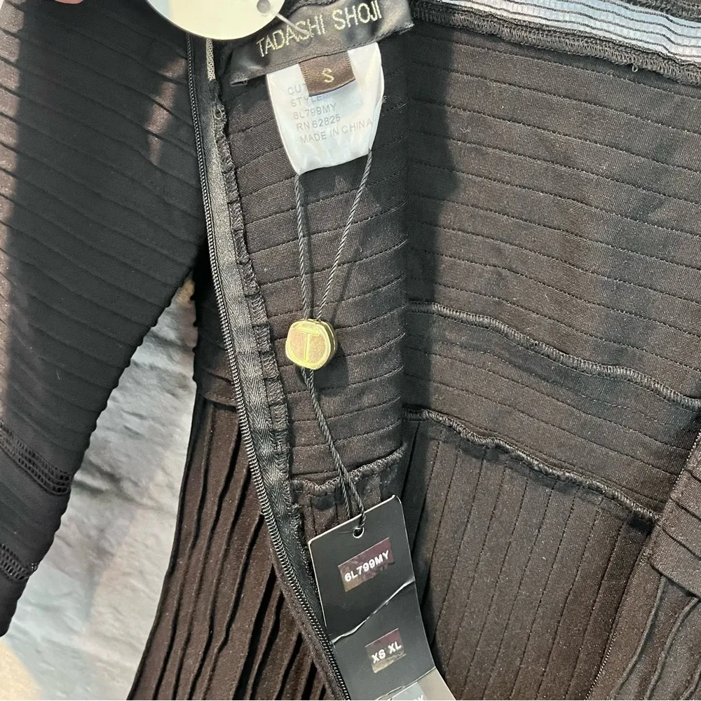 NWT Tadashi Shoji Small Black Fitted Mid-Length 3/4 Sleeve Mesh Stripe Dress - Image 11