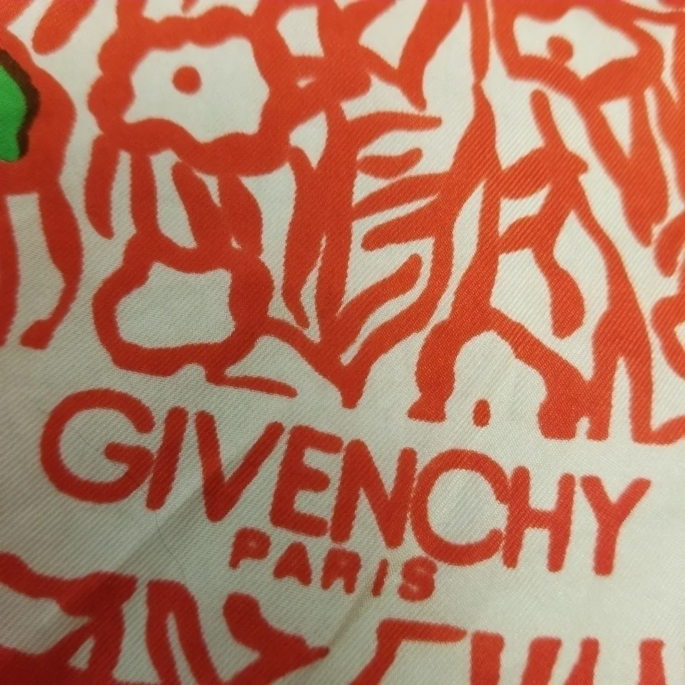 {26" X 26"} Vintage Givenchy Paris Scarf Abstract Orangy-Red Green Purple White - Image 4