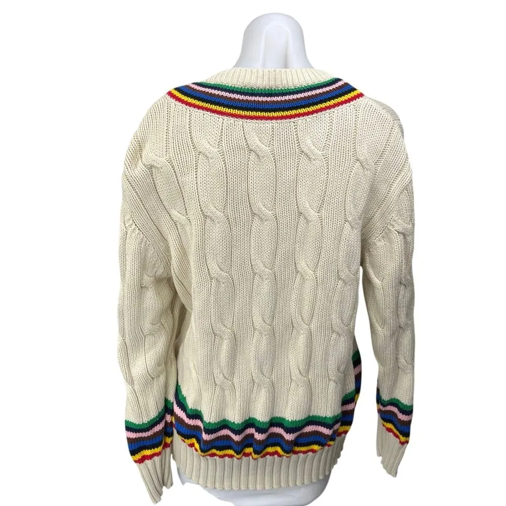 Rowing Blazers Women's Cream Cable Knit Striped V Neck Pullover Sweater Top Sz M Size M - Image 2