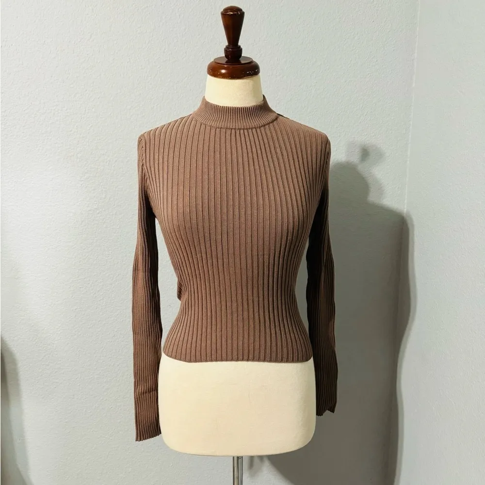ZARA  Brown Long Sleeves Round High Neck Open Back Rib Adjustable Top Size L - Image 15