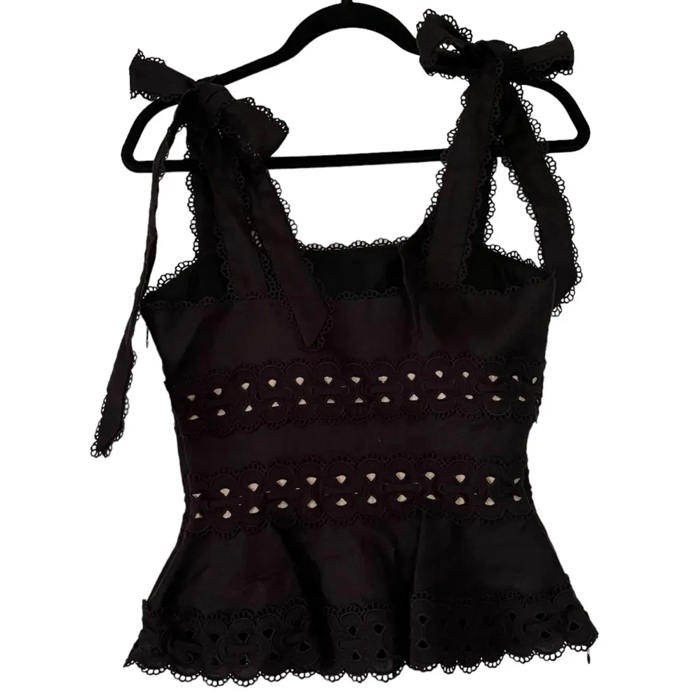 Zimmermann Kirra black linen tie shoulder peplum top with eyelet lace trim - Image 8