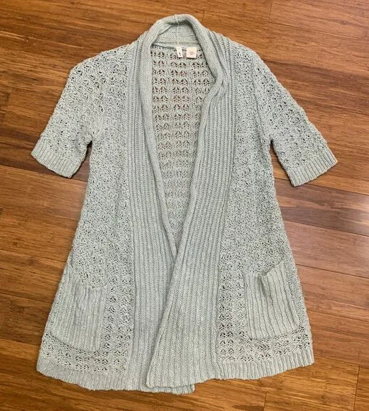 Moth Cardigan Womens Small Mint Green Cotton Linen Open Front Crochet Knit Long - Image 1