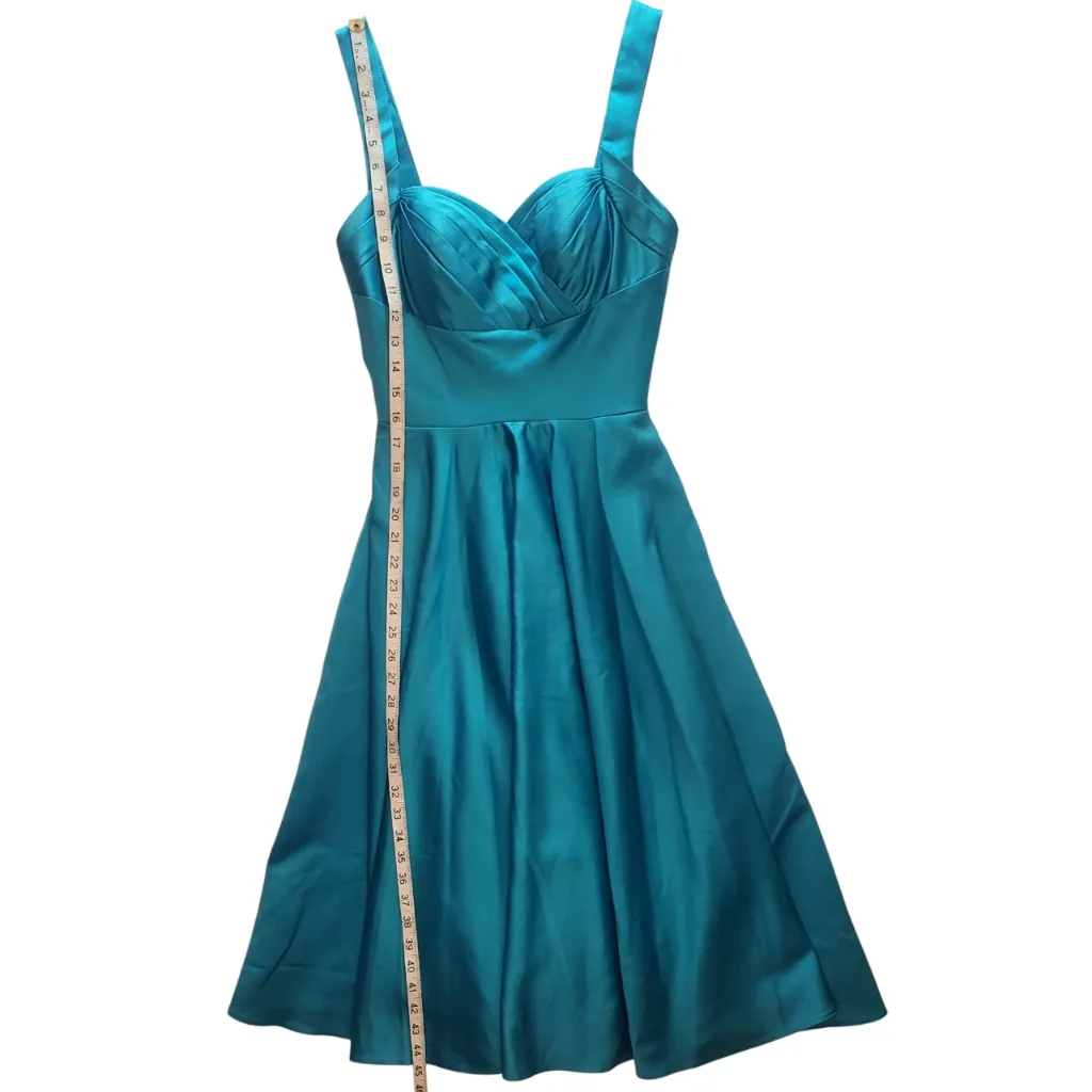 Unique Vintage Turquoise Satin Happily Ever After Pleated Swing Dress size XS - Image 5
