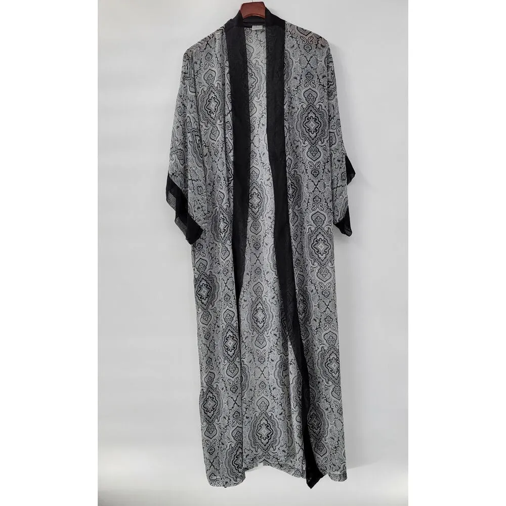 Vintage Cacique Lingerie Kimono Robe @L/XL Womens Gray Black Sheer Paisley Long - Image 16