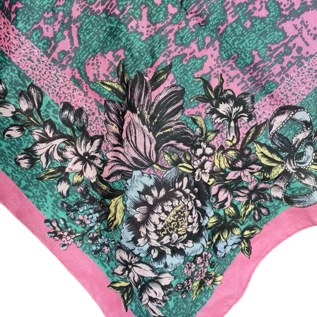 Vintage Floral Scarf Teal Pink - Image 4