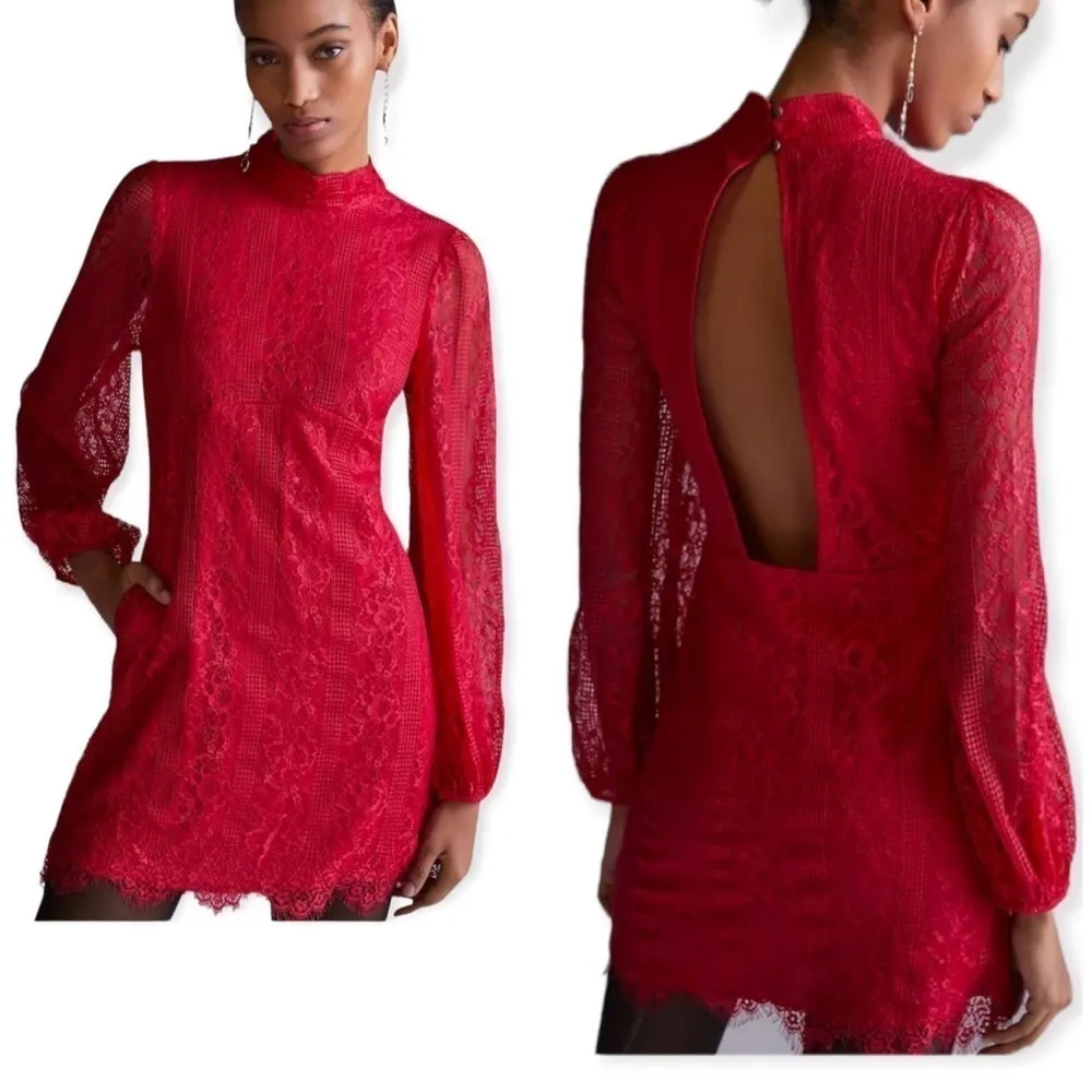 ANTHROPOLOGIE Maeve Open Back Lace Mini Dress Raspberry Size 12P NEW $190 - Image 2