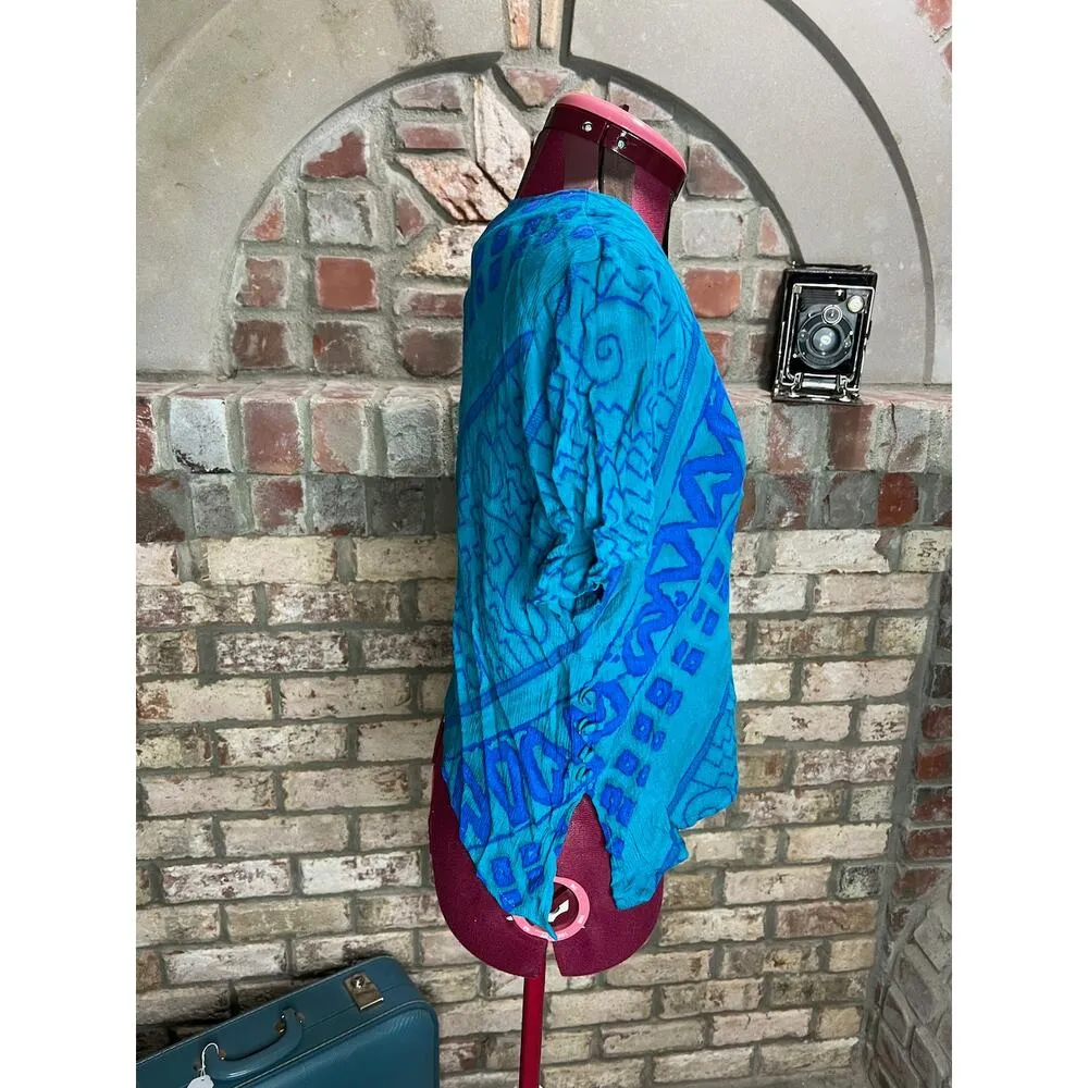 Sun dress maxi tribal boho geometric 1990s blue teal green swallow tail top - Image 13