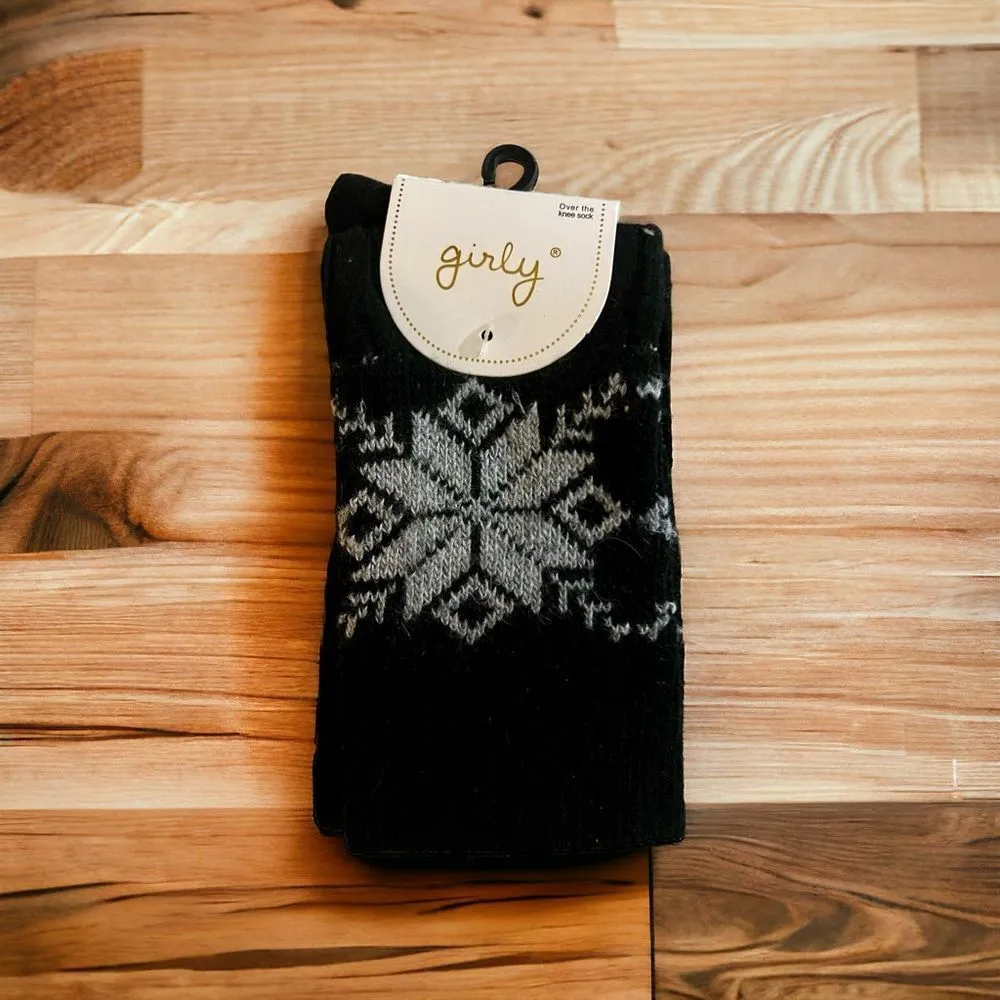 Black and Snow Flake Over the Knee Socks OSFM Black - Image 2