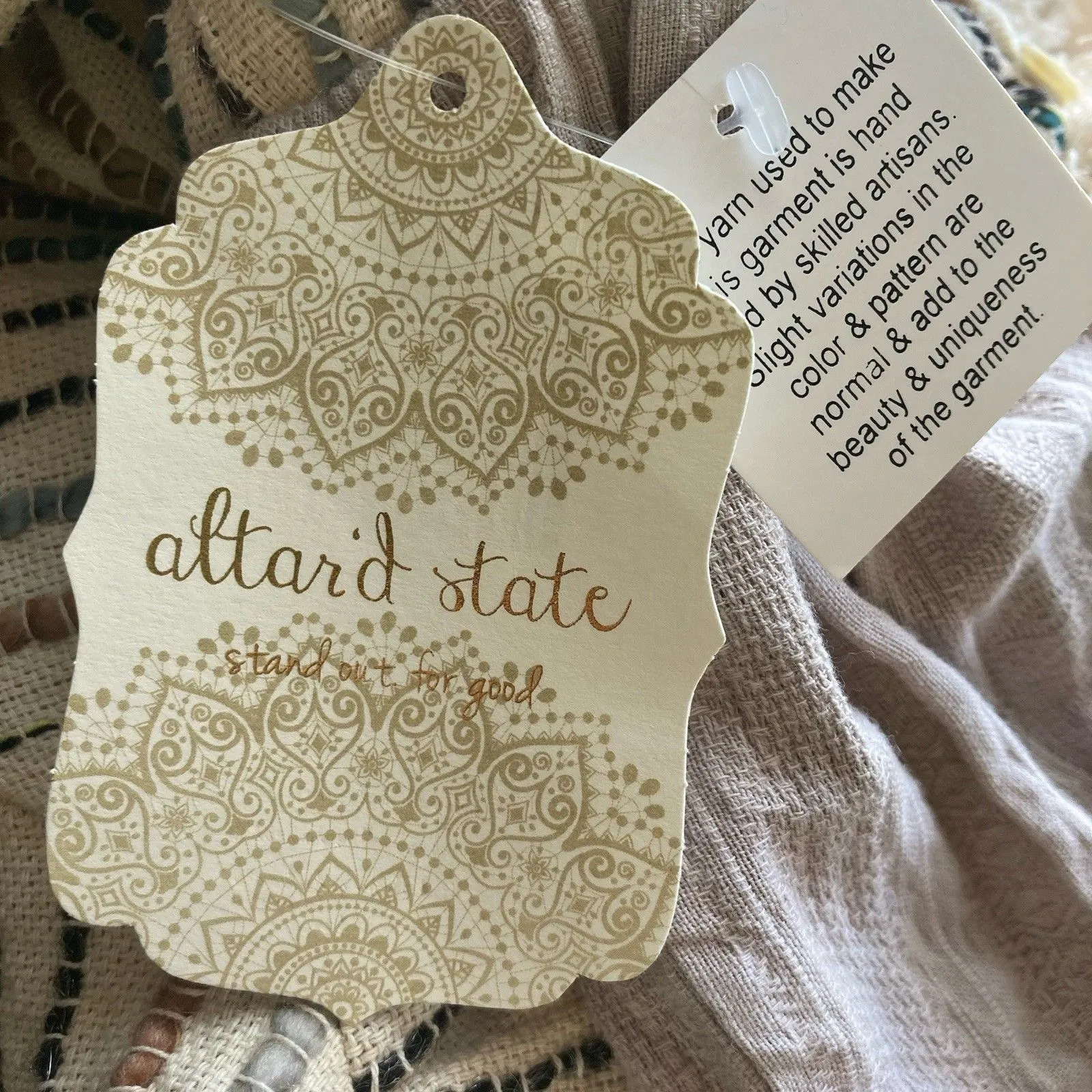 New Altar'd State Babydoll Top M Shirt Yarn Fringe Beige Rainbow Boho Peasant - Image 11