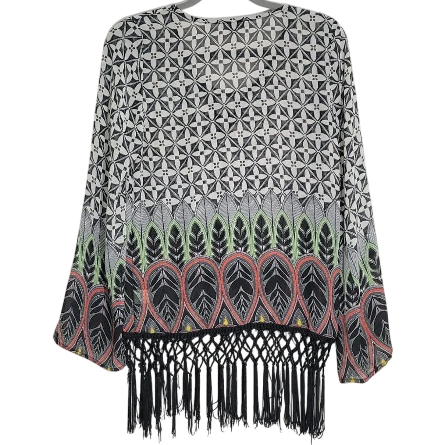 Monteau Black White Geometric Fringe Lace Up Blouse Top‎ Size S - Image 2