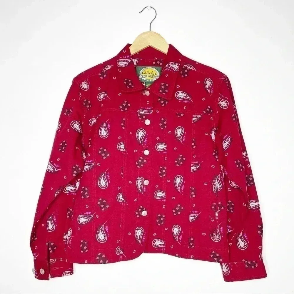 Cabela’s Ruby Red Floral Paisley Silver Button Jean Jacket Women’s Size Medium - Image 2