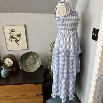English Factory Tiered Powder‎ Blue Patel Gingham Midi Dress Small Graduation - Image 4
