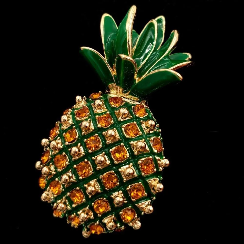Vintage Enamel & Crystal Pineapple Brooch Green Gold Tropical Statement Pin - Image 7