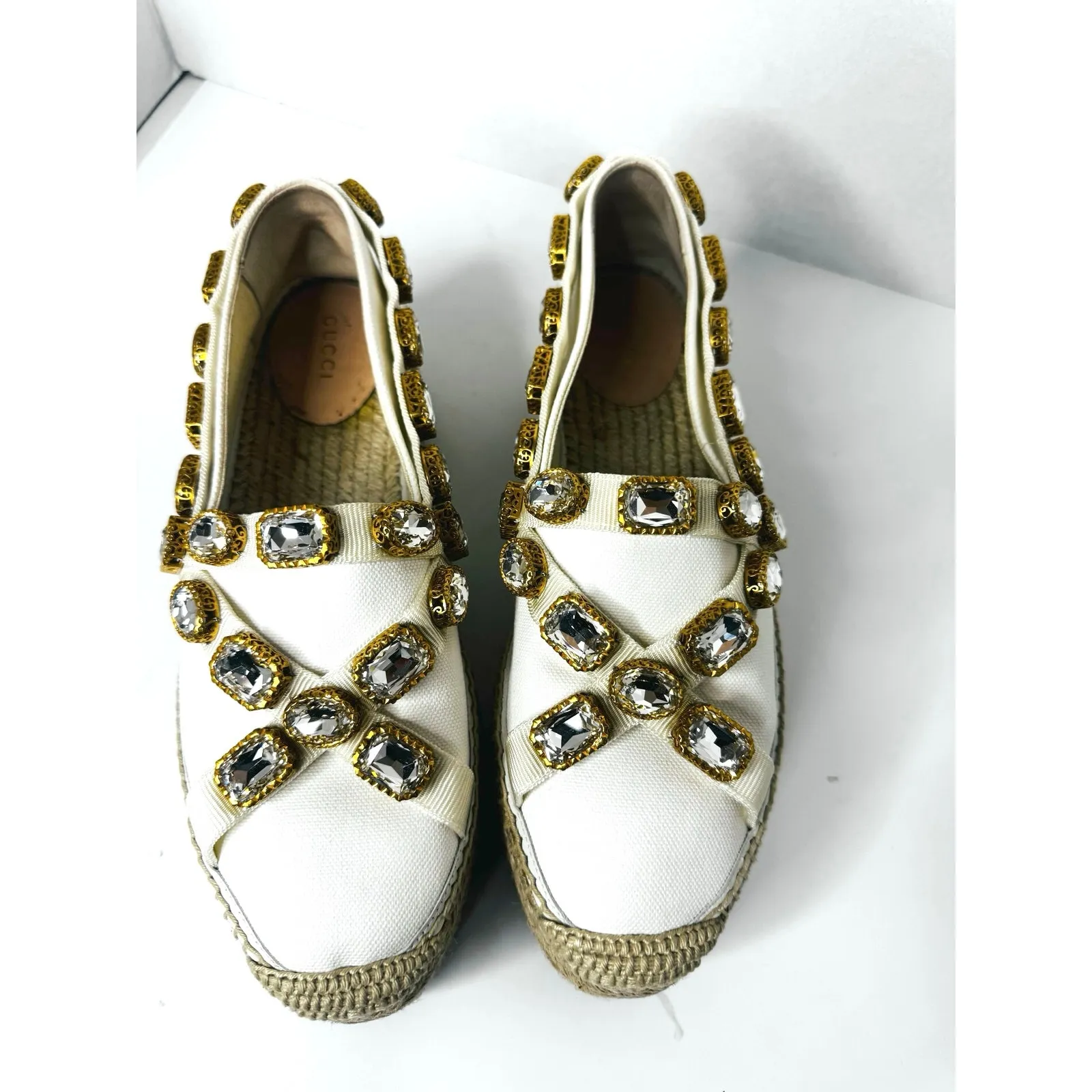 Gucci Ivory Canvas Crystal Embellished Platform Espadrille Resort Shoes EU 39 - Image 2