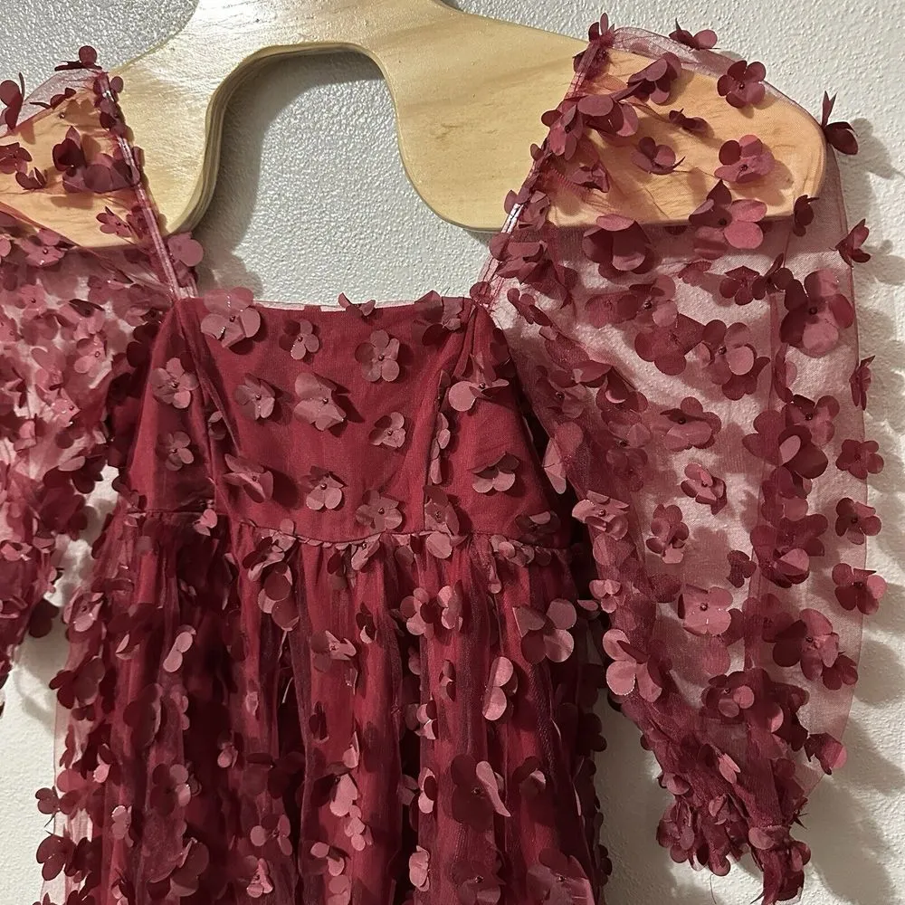 Storia Women's Size Small Square Neck Babydoll Red Floral Appliqué‎ Mini Dress - Image 2